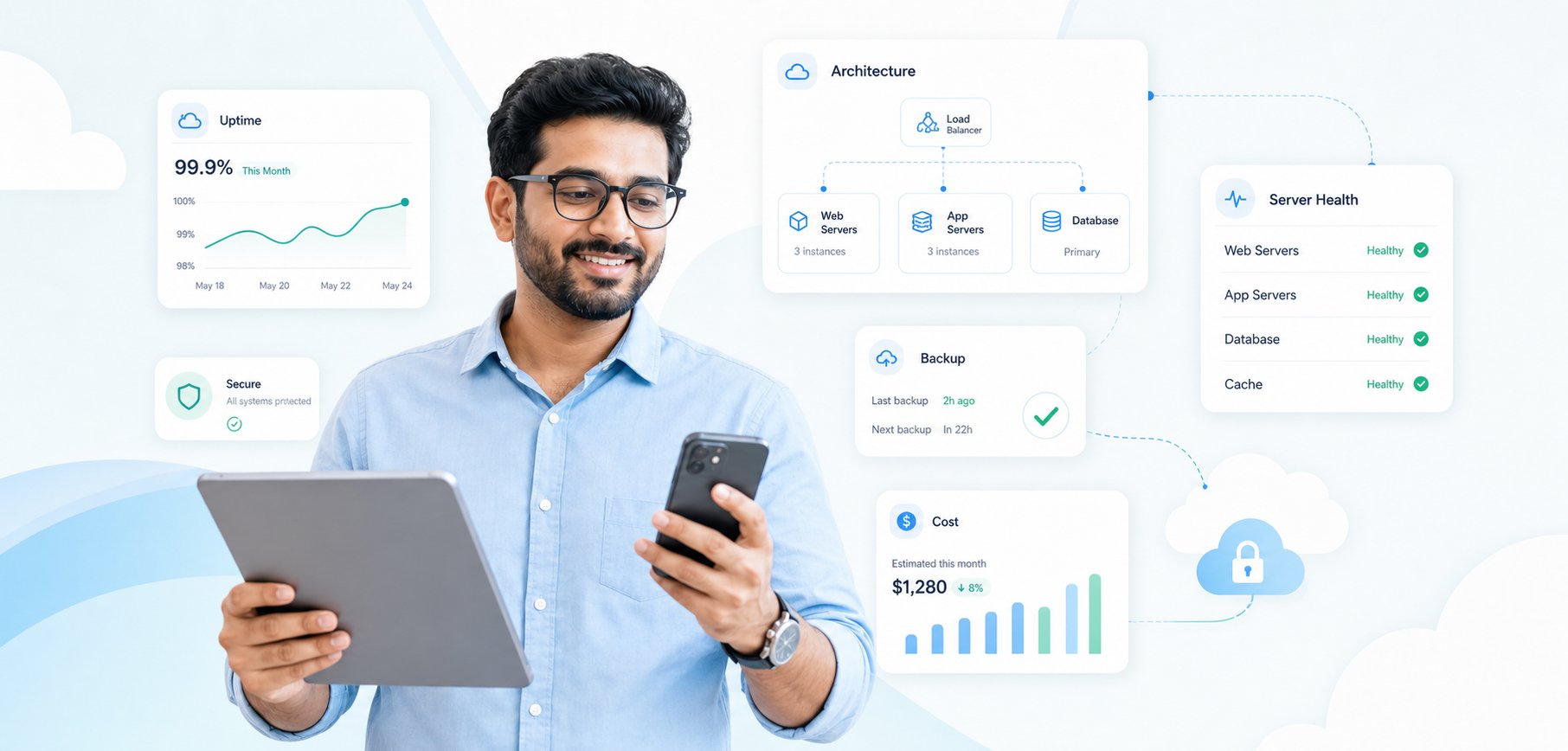 Indian cloud engineer reviewing cloud architecture, uptime, backup, security and server health dashboard cards