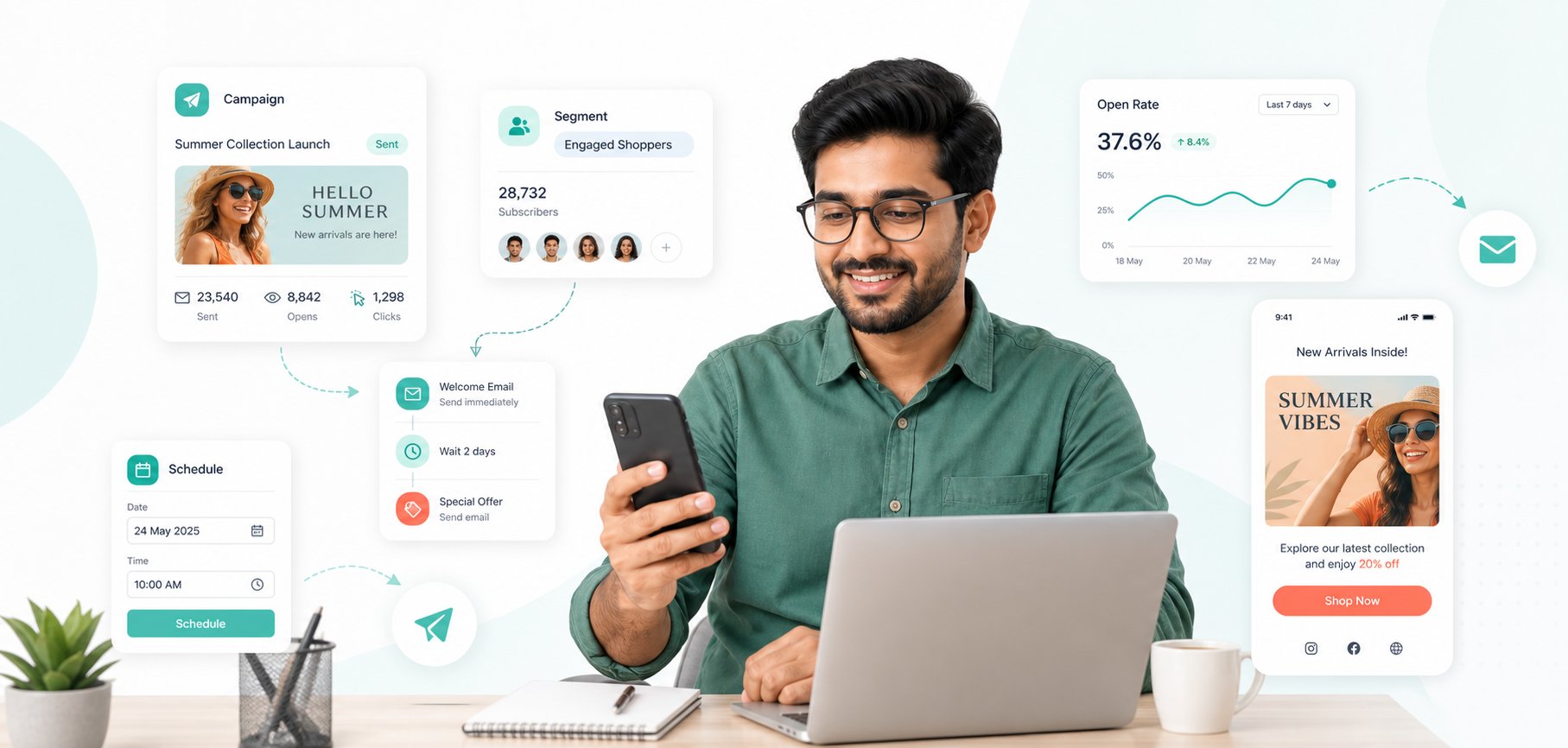 Indian marketing manager reviewing email campaign, segment, automation and analytics cards on a light dashboard