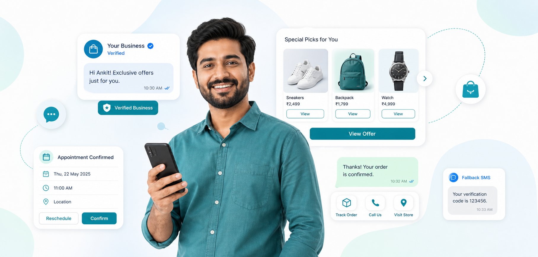 Indian business marketer using Google RCS with floating verified sender, rich offer, appointment and fallback message cards